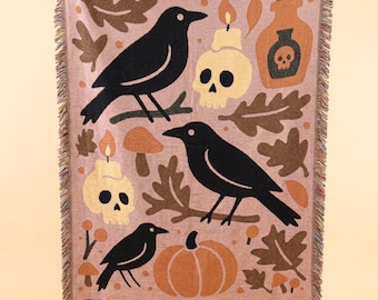 Witchy Raven Blanket for Halloween Lovers Autumn Decor Woven Tapestry Cozy Home Decor for Fall Gift Halloween Throw for Dark Academia Room