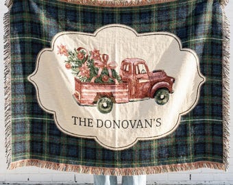 Custom Name Christmas Woven Throw Blanket with Plaid Truck Tree Design for Personalized Farmhouse Holiday Gift for Family Housewarming