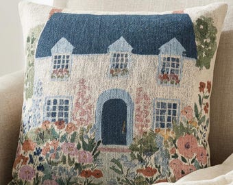 Cottage House Throw Pillow Garden Floral Decor Woven English Countryside Cottagecore Home Accent Gift