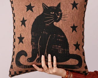 Black Cat Throw Pillow Vintage Woodcut Checkered Border Primitive Halloween Woven Accent Cushion for Witchy Decor