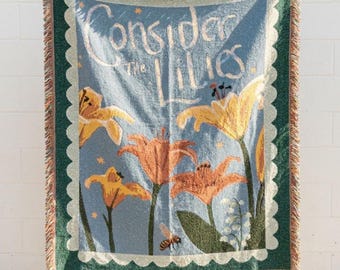Consider the Lilies Bible Verse Woven Throw Blanket with Lily and Bee Cottagecore Art for Christian Faith Decor and Scripture Gift Idea