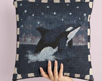 Woven Orca Whale Throw Pillow Starry Night Sky Tapestry Cushion Whimsigoth Ocean Decor Killer Whale Gift Checkered Navy Home Accent
