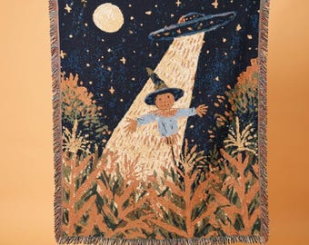 UFO Abducting Scarecrow Woven Throw Blanket with Starry Night Sky for Funny Halloween Sci Fi Fall Home Decor and Alien Lover Gift