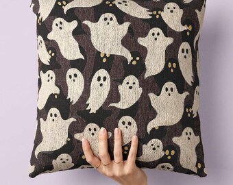 Spooky Cute Ghost Pattern Throw Pillow with Floating Ghosts and Gold Stars Woven Halloween Accent Cushion for Dorm Room Decor