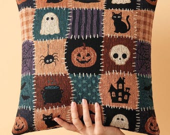 Halloween Throw Pillow Patchwork Pumpkin Ghost Cat Spider Bat Skull Cauldron Haunted House Woven Accent Cushion for Living Room Couch