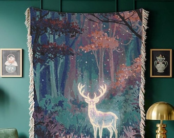 Magical Stag Blanket Enchanted Forest Tapestry Woodland Whimsy Throw Folklore Home Decor Nature Lover Gift for Fantasy Lover Fairytale