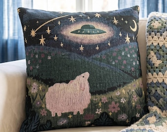 UFO Sheep Woven Throw Pillow Alien Abduction Tapestry Cushion Whimsical Starry Night Celestial Home Decor Sci-Fi Aesthetic Gift for Her