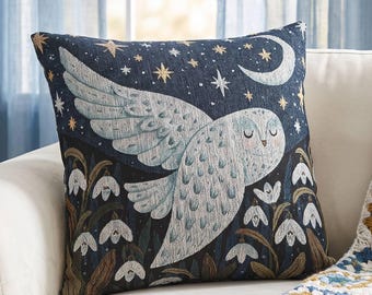 Woven Snowy Owl Throw Pillow Celestial Moon Starry Night Cushion 17x18 Whimsical Forest Cottagecore Decor Unique Witchy Sleepy Owl Gift