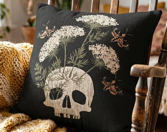Gothic Home Decor Woven Skull Pillow Dark Cottagecore Throw Cushion Floral Macabre Accent Pillow Witchy Room Decor Goth Queen Annes Lace