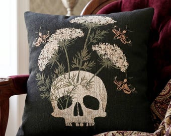 Gothic Home Decor Woven Skull Pillow Dark Cottagecore Throw Cushion Floral Macabre Accent Pillow Witchy Room Decor Goth Queen Annes Lace