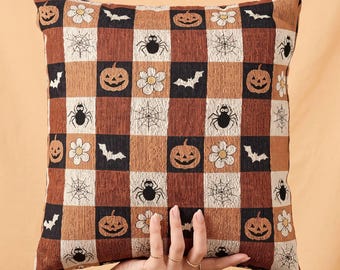Buffalo Plaid Halloween Throw Pillow Jack O Lantern Pumpkin Spider Bat Daisy Checkered Farmhouse Fall Accent Cushion Cover Decor