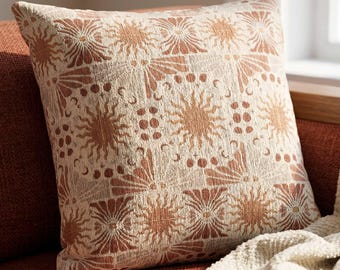 Boho Sun Woven Throw Pillow Grandmillennial Cottagecore Decor Warm Terracotta Sun Cushion Aesthetic Sunroom Couch Pillow