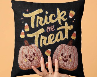 Woven Halloween Throw Pillow Trick or Treat Vintage Pumpkin Decor Spooky Season Candy Corn Cute Autumn Couch Cushion Accent