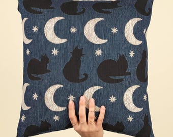 Black Cat Moon Throw Pillow with Crescent Moons and Stars Woven Celestial Pattern Accent Cushion for Cat Lover Home Decor