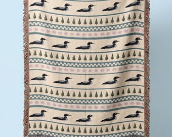 Loon Woven Blanket Lake House Decor Cozy Cottagecore Tapestry Rustic Cabin Bedding Northwoods Loon Bird Lover Gift Forest Pine Tree Throw