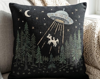 UFO Cow Abduction Woven Throw Pillow Alien Spaceship Spooky Forest Decor Retro Sci Fi Tapestry Cushion Cute Weird Academia Room Aesthetic