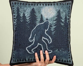 Bigfoot Sasquatch Throw Pillow Cryptid Forest Moonlit Pine Trees Woodland Cabin Decor Woven Accent Cushion Cover Weirdcore Gift