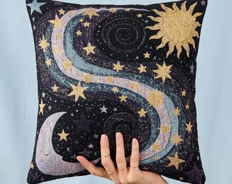 Celestial Woven Throw Pillow 17x18 Whimsical Sun and Moon Cushion Cottagegoth Room Decor Dark Academia Accent Astrological Witchy Gift