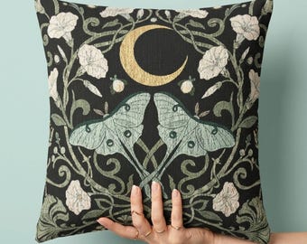 Luna Moth Throw Pillow Art Nouveau Home Decor Gothic Accent Pillow Woven Tapestry Cushion Whimsigoth Celestial Moon Witchy Cottagecore