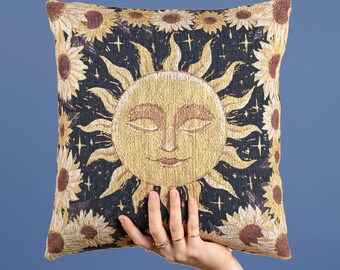 Celestial Sun Face Throw Pillow with Sunflowers Woven Whimsigoth Accent Cushion for Bohemian Home Decor Whimsical Spiritual Gift Summer