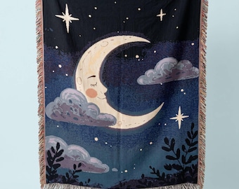 Gemütliche Monddecke, verträumte Webdecke, himmlischer Wandteppich für dunkles Cottagecore-Zimmer, Kinderzimmer, Sternennacht-Bettwäsche, Mondüberwurf, Whimsigoth