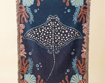 Woven Blanket Spotted Eagle Ray Ocean Lover Gift Sea Creature Tapestry Beach House Decor Nautical Home Accent Underwater Animal Throw