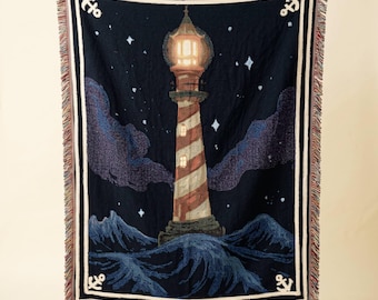 Lighthouse Woven Throw Blanket with Starry Night Sky for Coastal Nautical Home Decor and Lake House Throw Sailor Gift & Maritime Home Decor