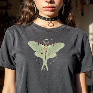 Pepper T-shirt with luna moth and crescent moon and celestial stars