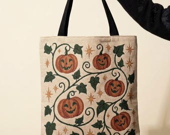 Pumpkin Tote Bag Jack O Lantern Woven Tote Cottagecore Halloween Bag with Ivy Vine Folk Art Fall Harvest Canvas Tote