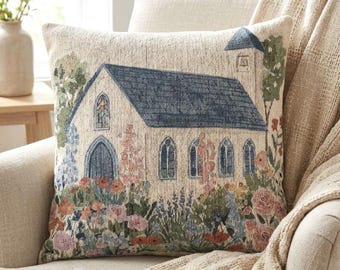 English Church Throw Pillow Garden Cottage Decor Woven Watercolor Chapel Cottagecore Home Accent Gift