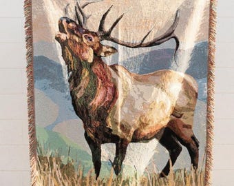Elk Woven Throw Blanket with Bugling Bull Elk Design for Rustic Cabin Decor Mountain Wildlife Art Hunting Lodge and Nature Lover Gift Idea