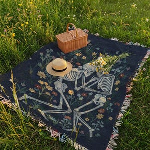 Skeletons laying together in a flower field throw blanket, inspired by in a week by hozier tapestry