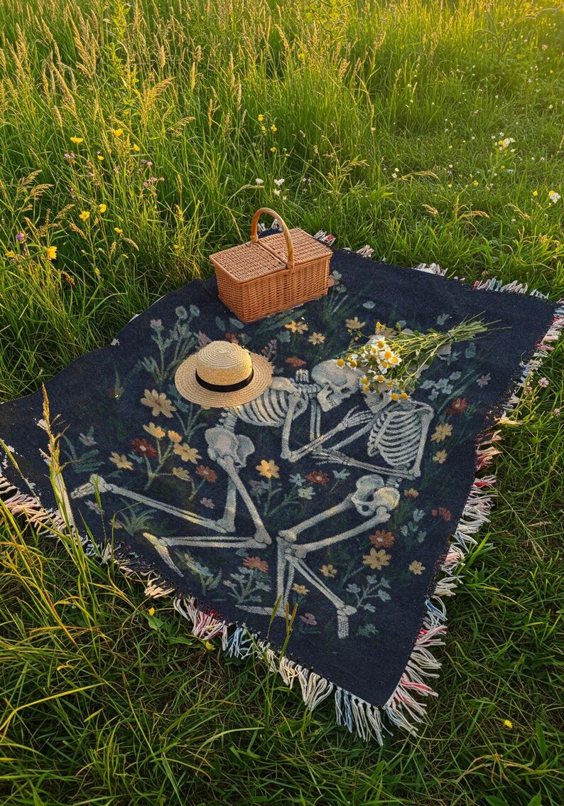 Skeletons laying together in a flower field throw blanket, inspired by in a week by hozier tapestry
