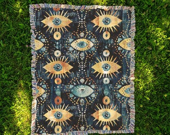 Eye Woven Blanket Evil Eye Tapestry Hippie Decor Mysticism Gift for Witches Occult Wall Hanging Eye Pattern Throw Witchy