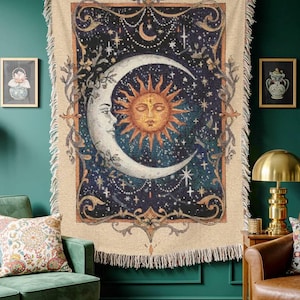 Whimsigoth Sun Moon Blanket Celestial Woven Tapestry Astrology Decor Tarot Lover Gift Boho Woven Blanket