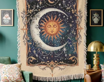 Whimsigoth Sonne Mond Decke Celestial Woven Tapisserie Astrologie Dekor Tarot Liebhaber Geschenk Boho Gewebte Decke