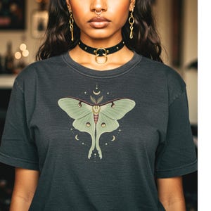 Pepper T-shirt with luna moth and crescent moon and celestial stars