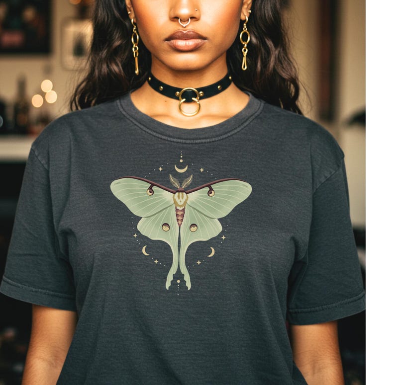 Pepper T-shirt with luna moth and crescent moon and celestial stars