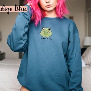 Frog flipping the bird with the text i hate all of you in black below Embroidered Sweatshirt Funny Frog Gift Goblincore Frog Lover Gift Cool Frog Outfit Frog Retro Meme Green Frog Embroidered Crewneck