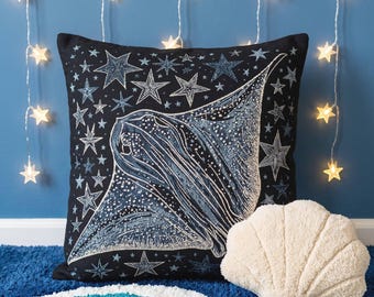 Manta Ray Throw Pillow Woven Celestial Starry Night Cushion Whimsigoth Home Decor Dark Ocean Lover Accent Pillow Sea Theme Room Decoration