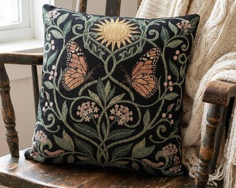 Monarkkudde Art Nouveau Fjärilskudde Mörk Cottagecore Accentkudde Nyckfull Botanisk Solvävd Gobeläng Art Nouveau-dekor