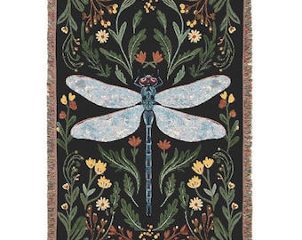 Dragonfly Woven Blanket, Botanical Nature Blanket, Whimsical, Entomology, Cottagecore Aesthetic - Home Decor, Cozy Throw Gift