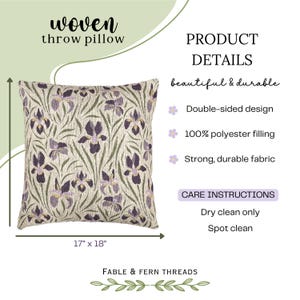 May include: A square woven throw pillow measuring 17 inches by 18 inches, featuring a repeating pattern of purple and yellow iris flowers with green foliage on a cream background. Text includes woven throw pillow, product details, and care instructions.