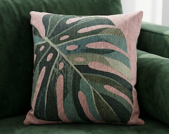 Monstera Leaf Woven Throw Pillow 17x18 Jungalow Style Cushion Cover Botanical Sage Green Dusty Pink Eclectic Home Decor Housewarming Gift