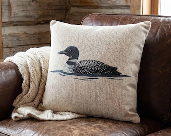 Woven Loon Throw Pillow Cabin Decor Lake House Cushion Common Loon Accent Pillow Cottagecore Bird Watcher Gift Wilderness Lodge Nursery