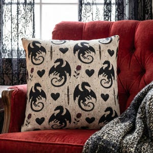 Romantasy Throw Pillow Dragon Book Nook Decor 17x18 Woven Cushion Fantasy Reader Gift Dark Academic Gothic Aesthetic Medieval Dagger Rose