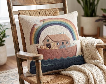 Noahs ark vävd kudde för barnrum, barnrumsinredning, söt, nyckfull, djurkudde, kristen gåva för barnrum