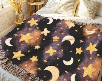 Moon and Stars Blanket for Halloween Lovers Decor Spooky Season Throw Whimsigoth Woven Tapestry for Goth Room Accent Watercolor Design