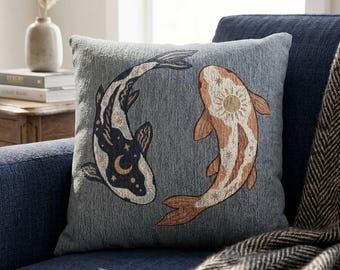 Himmelsk Koifisk Kuddfodral Vävd Yin Yang Kudde Sol och Måne Gobeläng Kudde Mörk Cottagecore Dekor Mystisk Fisk Gåva 17x18