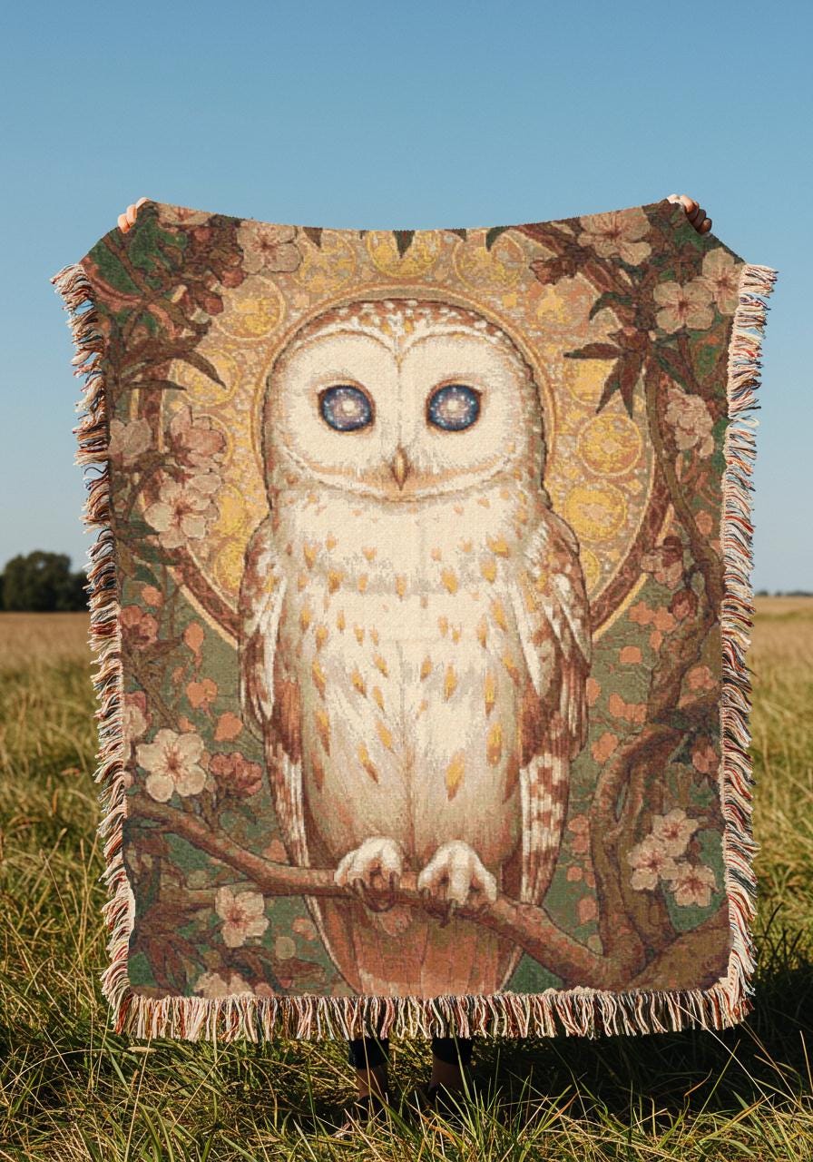 Celestial Owl Blanket Art Nouveau Tapestry Witchy Blanket Gilded Art Owl Throw Art Deco Decor Gift f